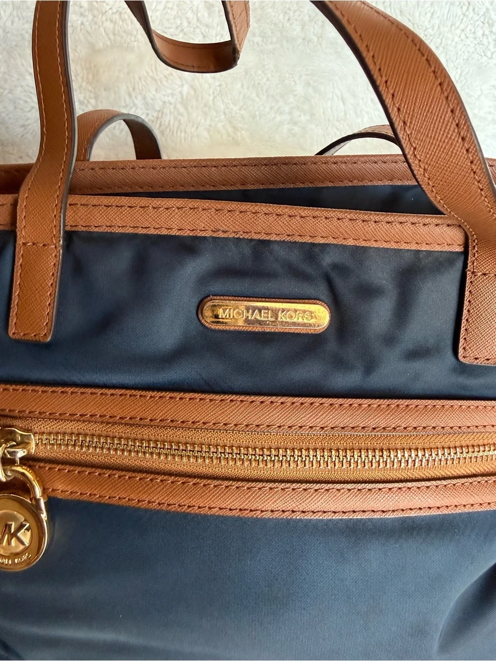 Michael Kors Navy Tote with Brown Leather Trim and Gold Hardware
